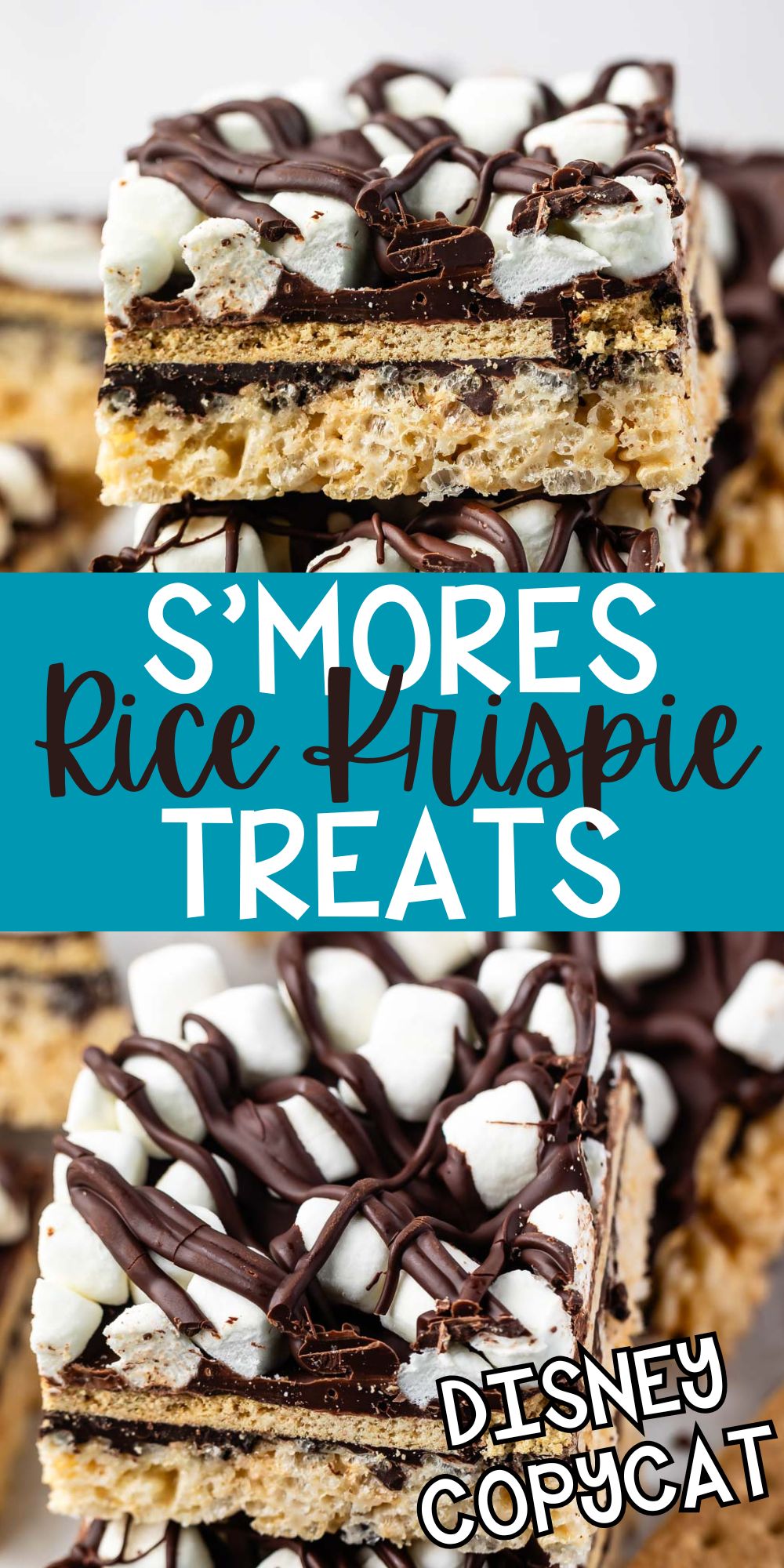 two photos of stacked Rice Krispie treats with marshmallows and chocolate on top with words on the image.