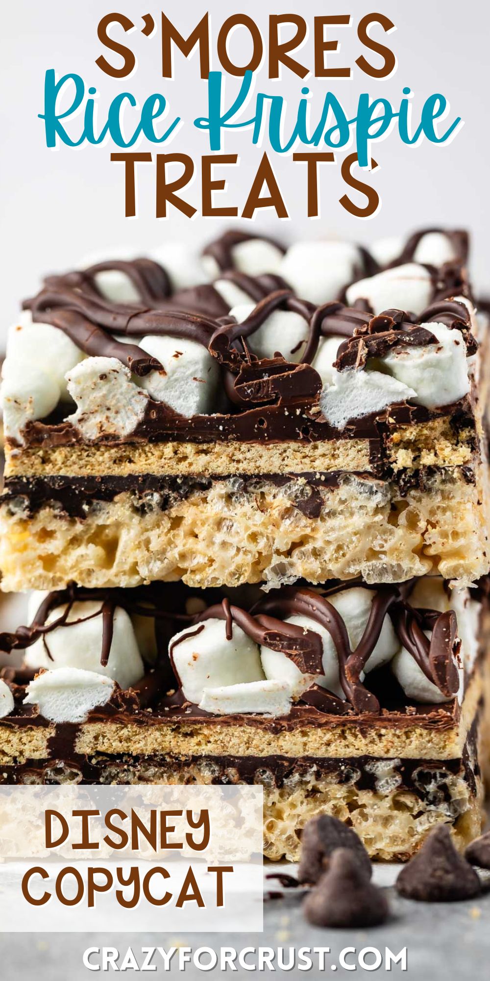 stacked Rice Krispie treats with marshmallows and chocolate on top with words on the image.
