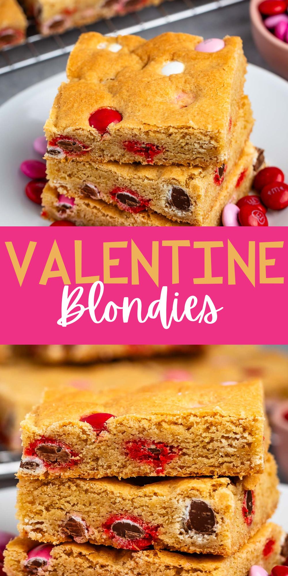 stacked blondies with pink and red and white M&Ms baked into the bars on a white plate.