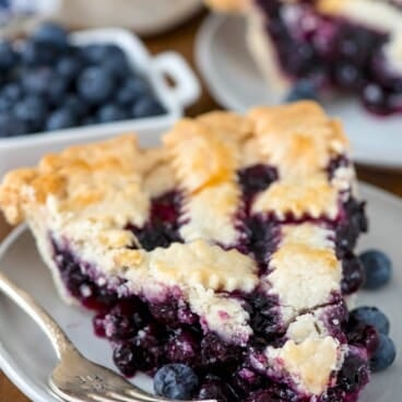 one slice of pie with blueberries baked in and with lattice design on top.
