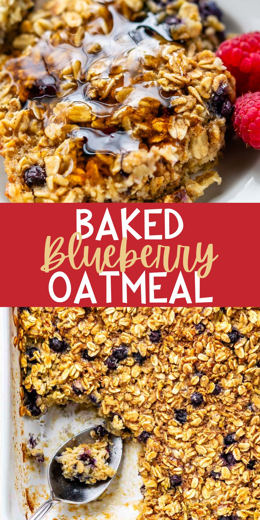 two photos of oatmeal in a white plate next to raspberries with words on the image.