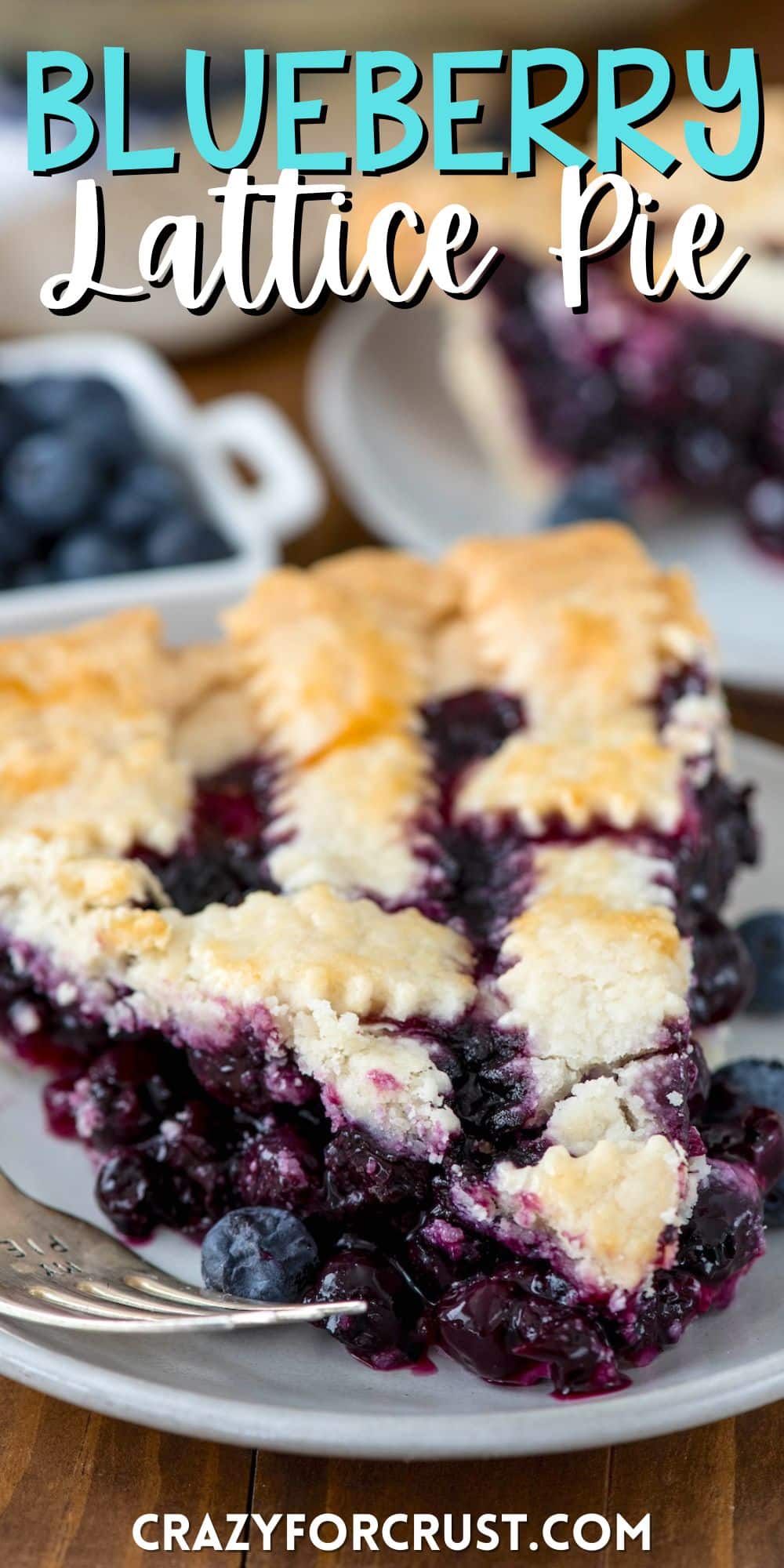 one slice of pie with blueberries baked in and with lattice design on top with words on the image.