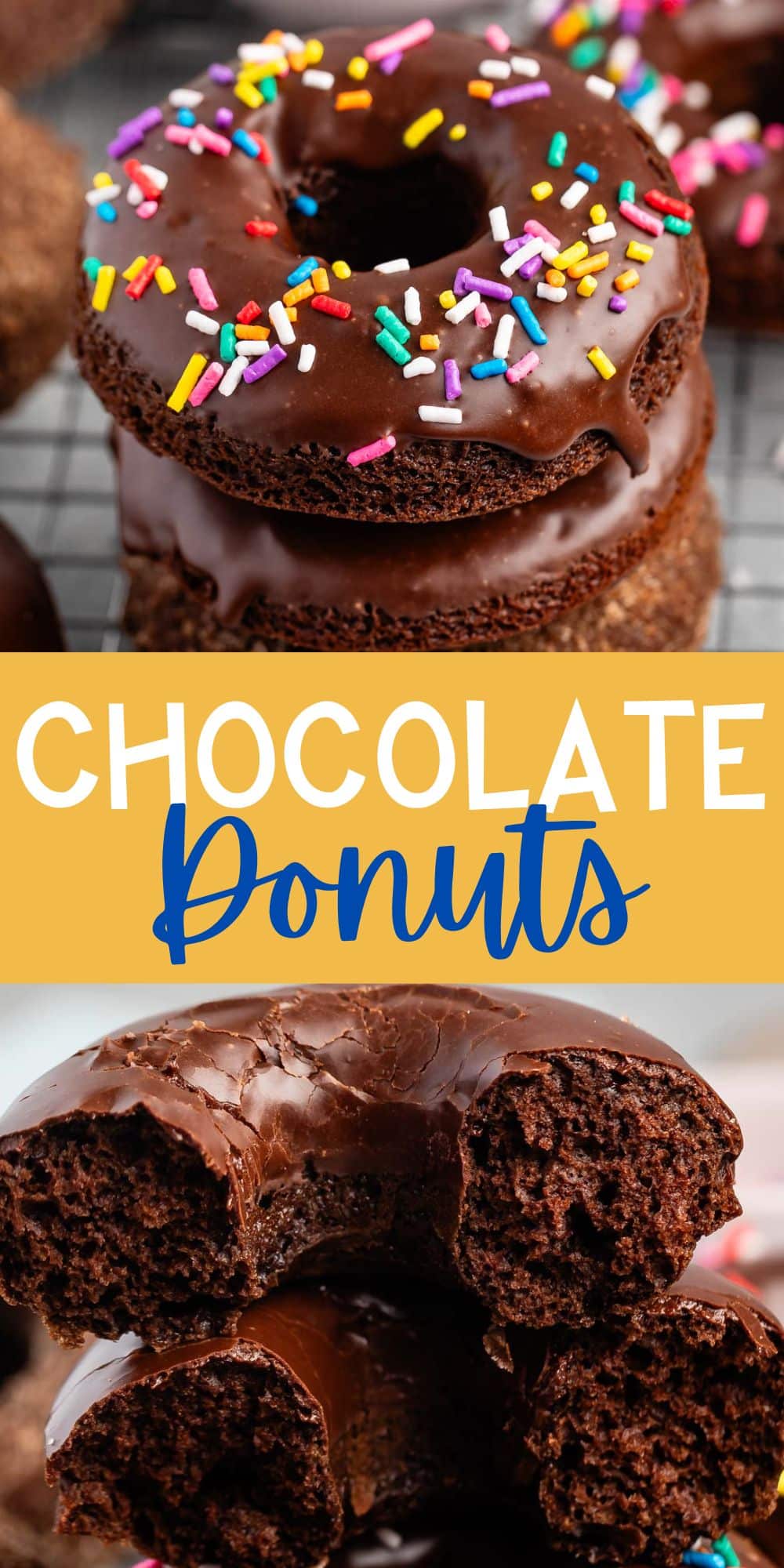 two photos of stacked chocolate donuts with chocolate glaze and colorful sprinkles on top with words on the image.