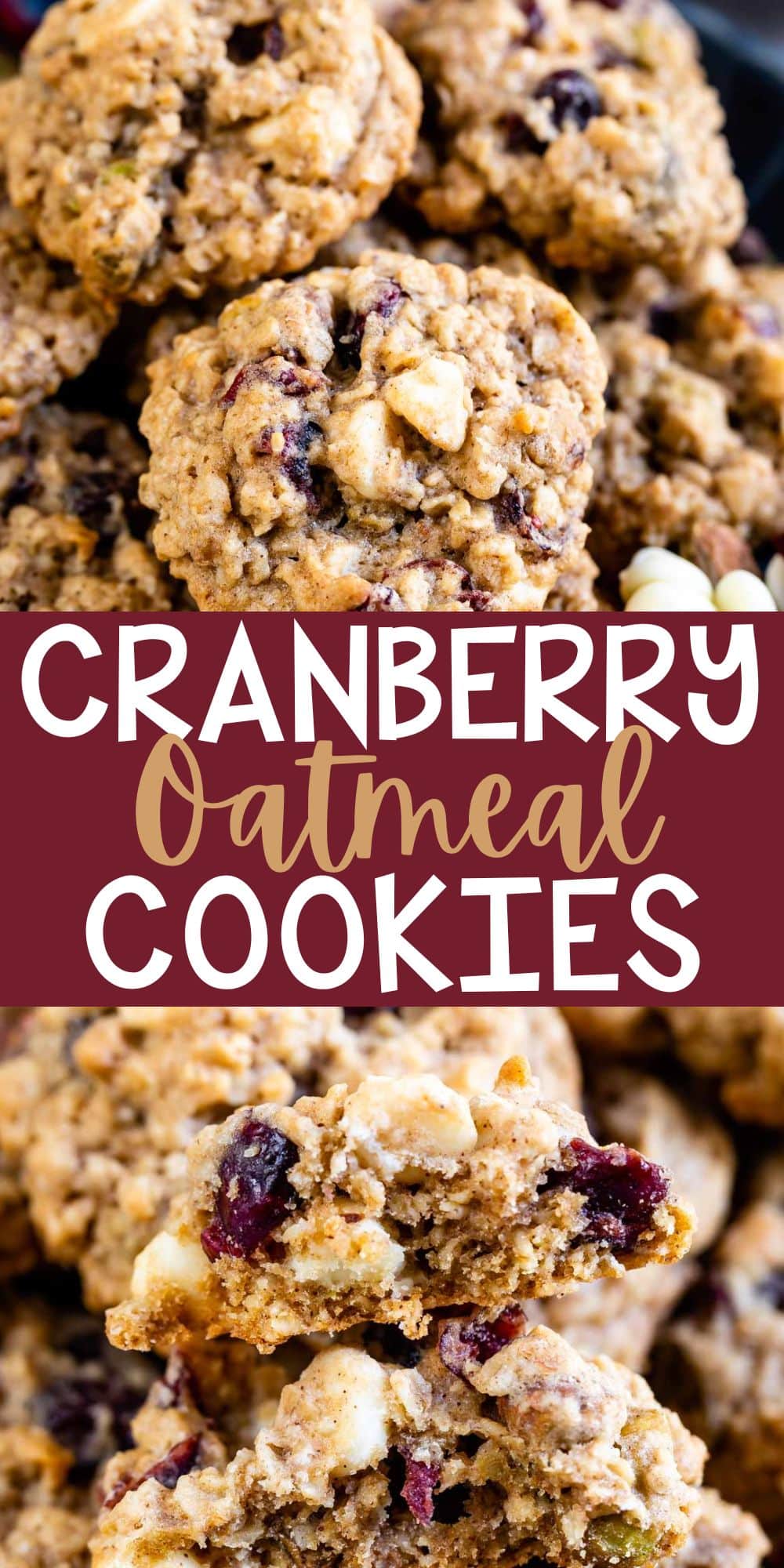 two photos of stacked cookies with white chocolate and cranberries baked in on a blue plate with words on the image.