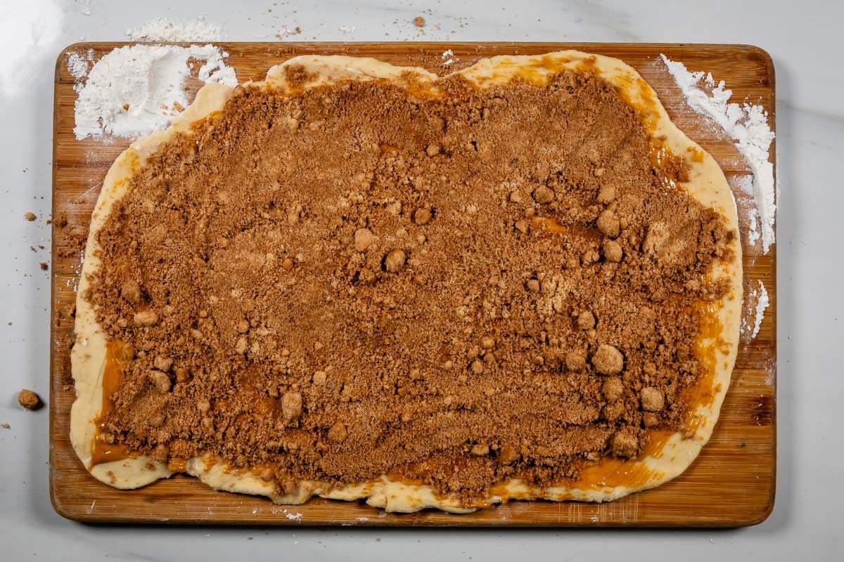 process shot of peanut butter cinnamon rolls being made.