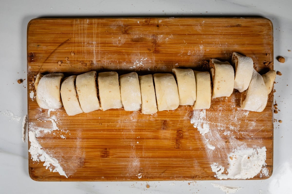 process shot of peanut butter cinnamon rolls being made.