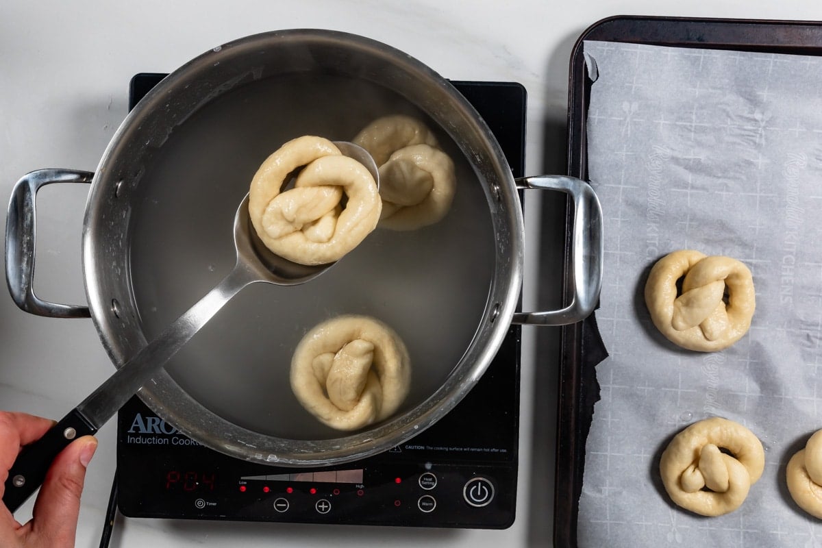 process shot of soft pretzels being made.