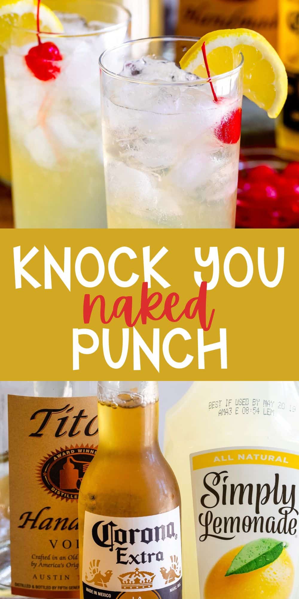 two photos of yellow party punch in a tall clear class with a cherry and lemon slice on the rim with words on the image.