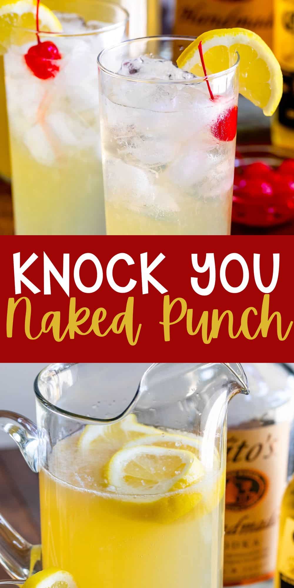 two photos of yellow party punch in a tall clear class with a cherry and lemon slice on the rim with words on the image.