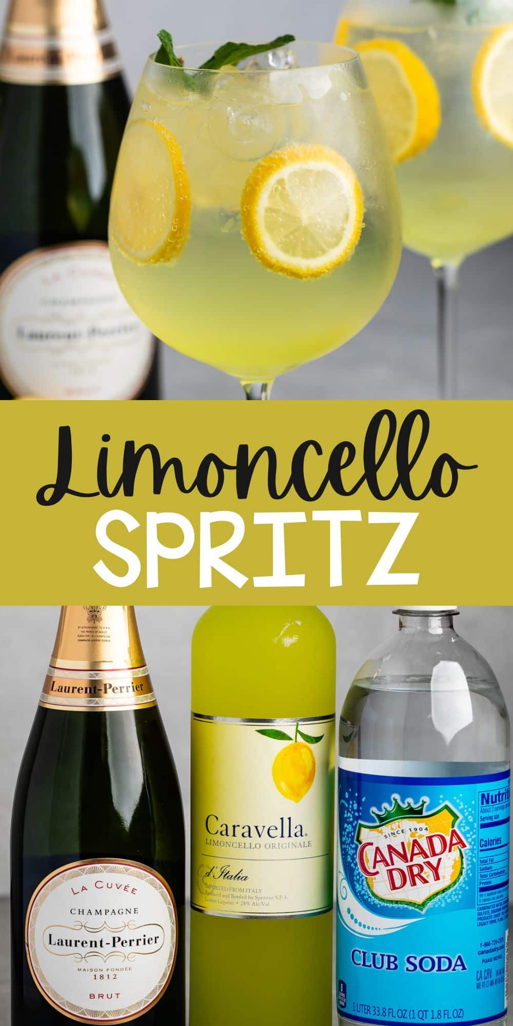 two photos of tall clear glass of yellow limoncello with sliced lemons throughout the drink with words on the image.