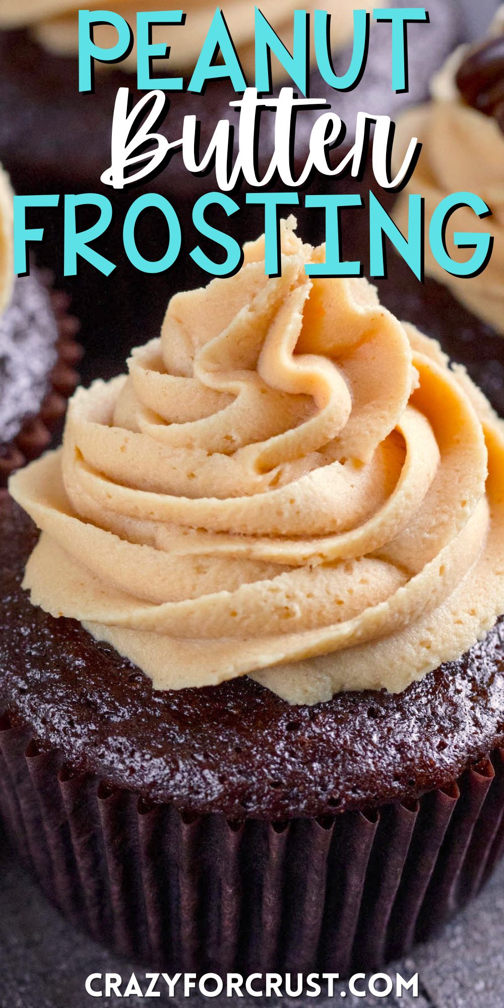 chocolate cupcakes with peanut butter frosting on top with words on the image.