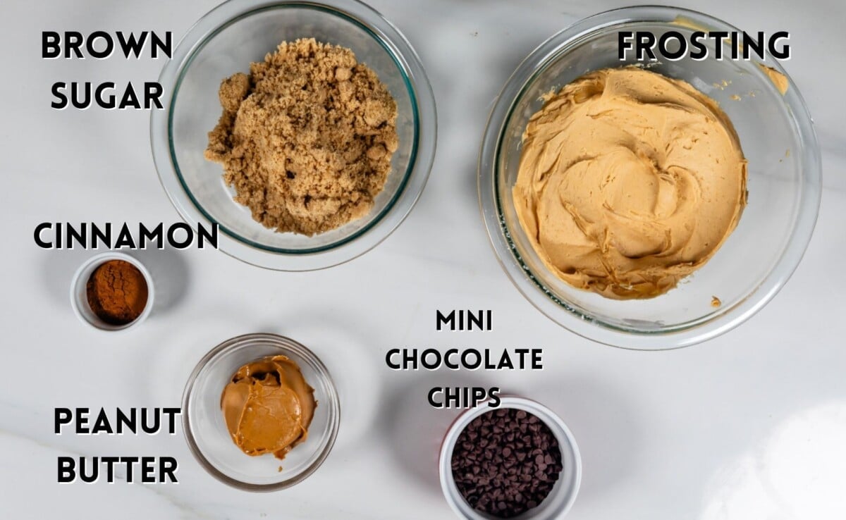 ingredients in peanut butter cinnamon rolls laid out on a white counter.