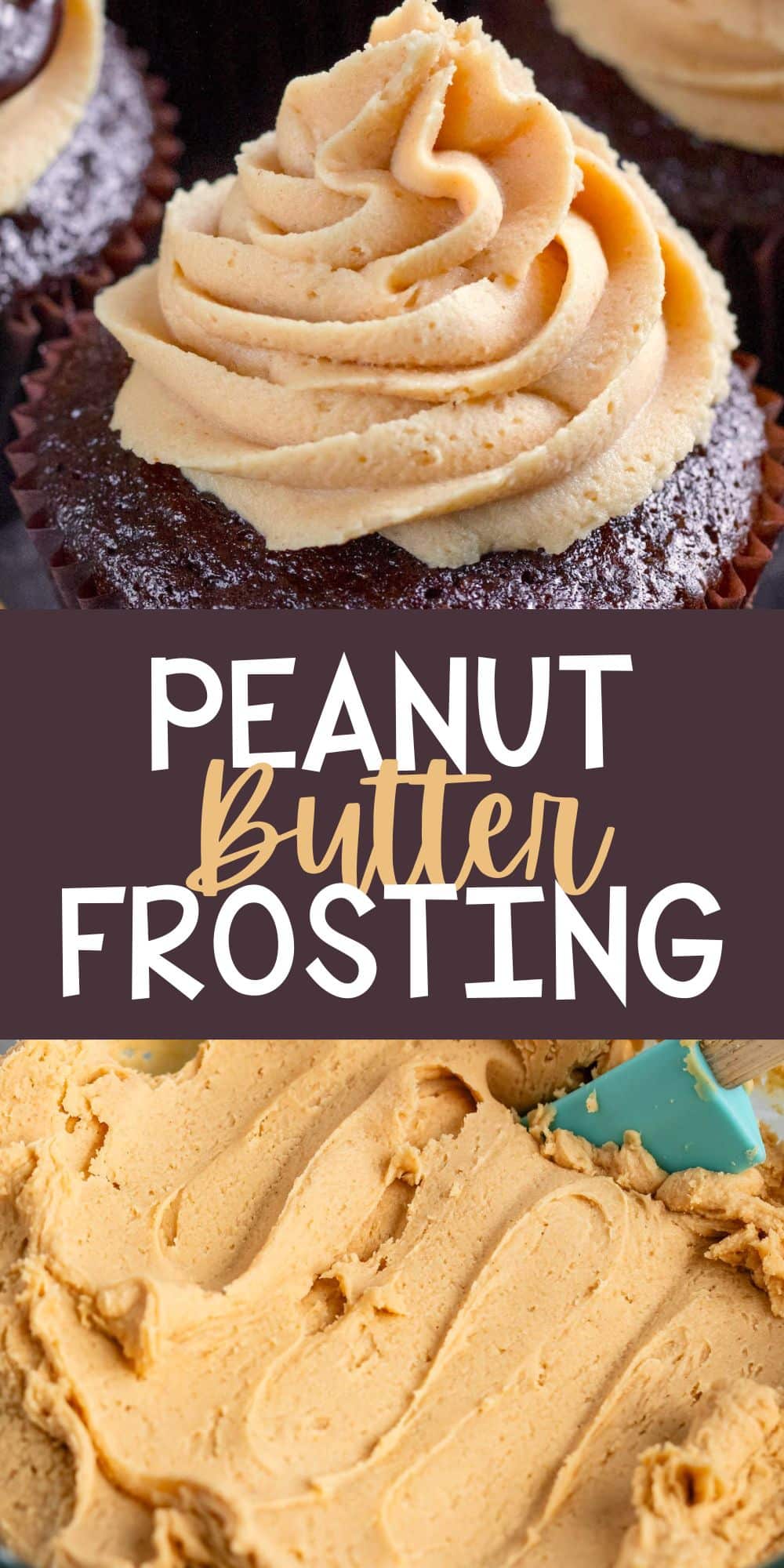 two photos of chocolate cupcakes with peanut butter frosting on top with words on the image.