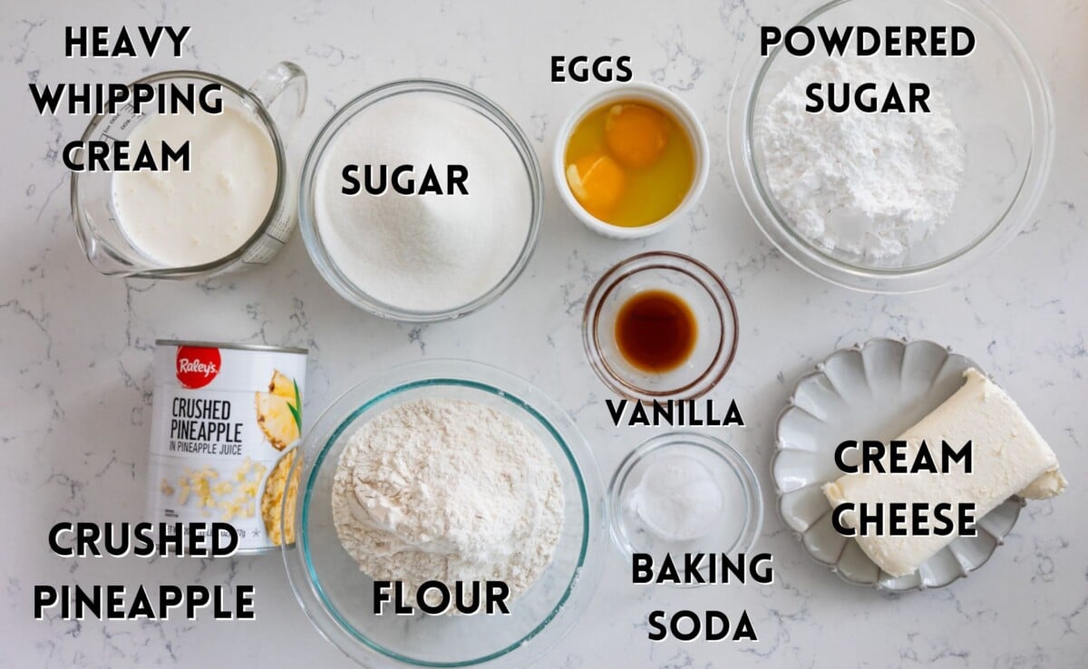 ingredients in pineapple cake laid out on a marble counter.