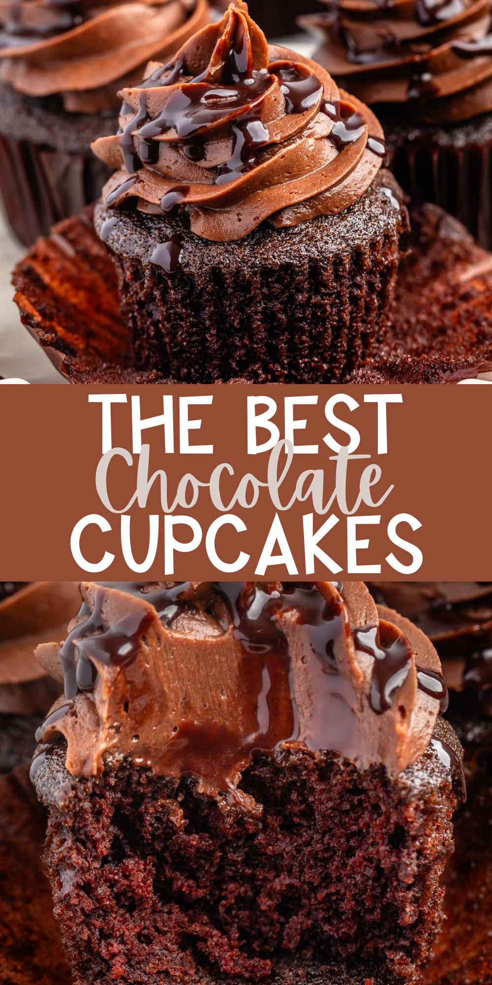two photos of unwrapped cupcake with chocolate frosting and chocolate sauce drizzled over top with words on the image.
