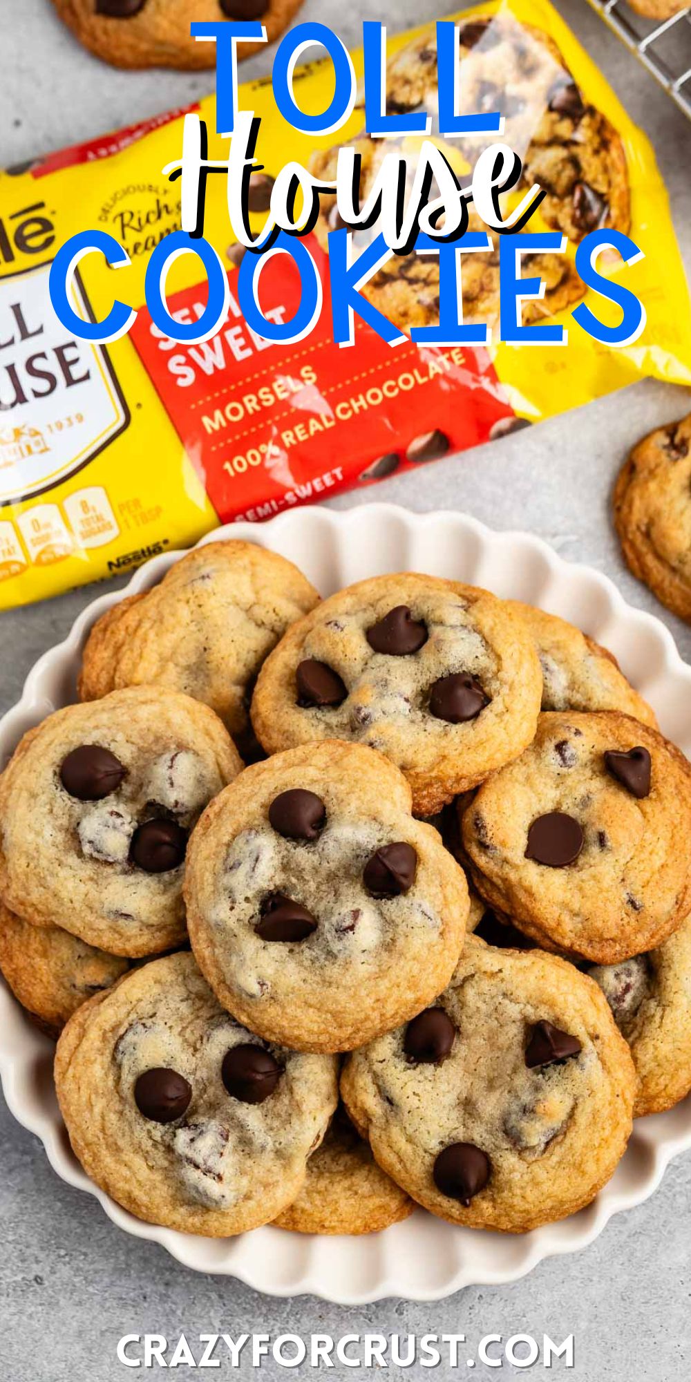 stacked cookies on a white plate with chocolate chips baked in with words on the image.