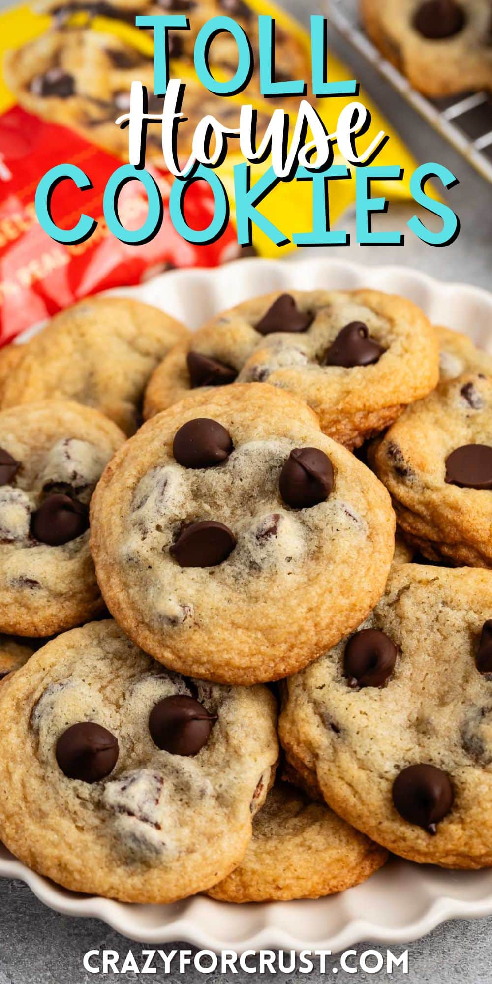 stacked cookies on a white plate with chocolate chips baked in with words on the image.