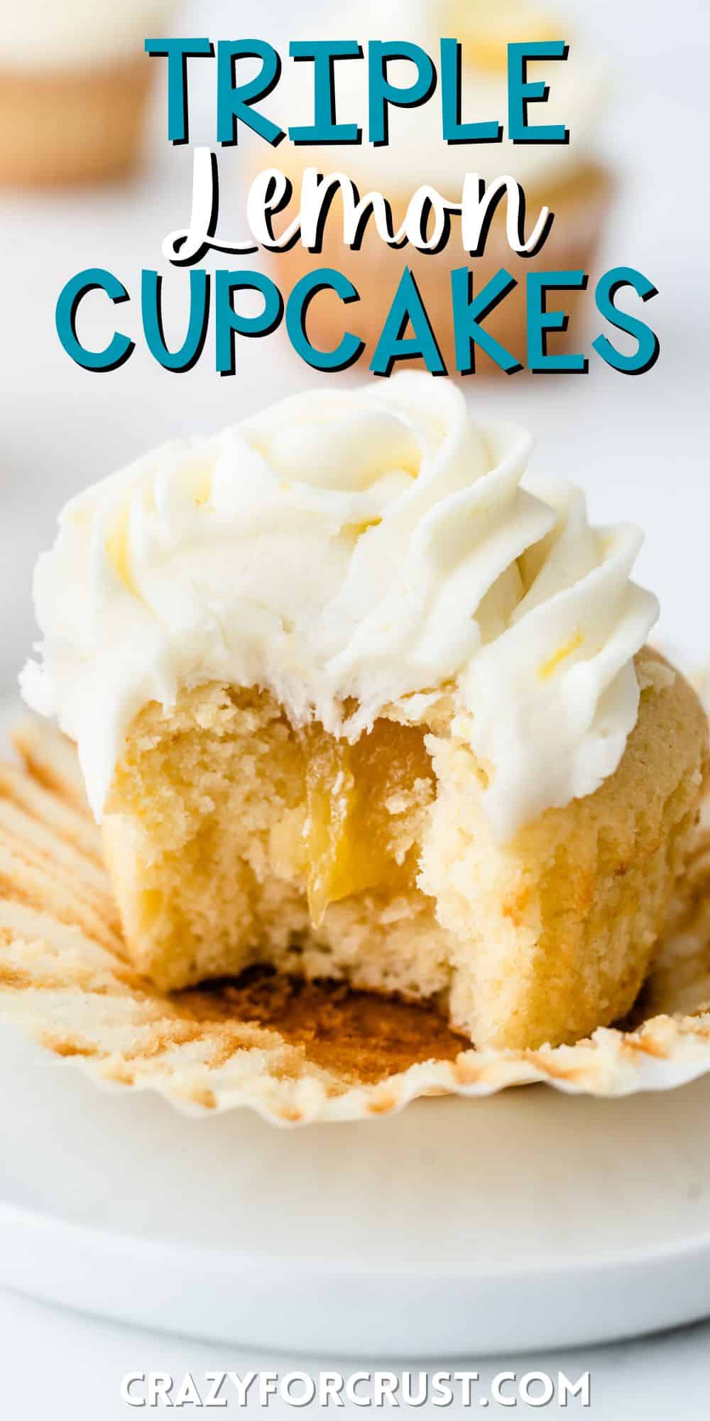 cupcakes with white frosting and a bite taken out of it with words on the image.