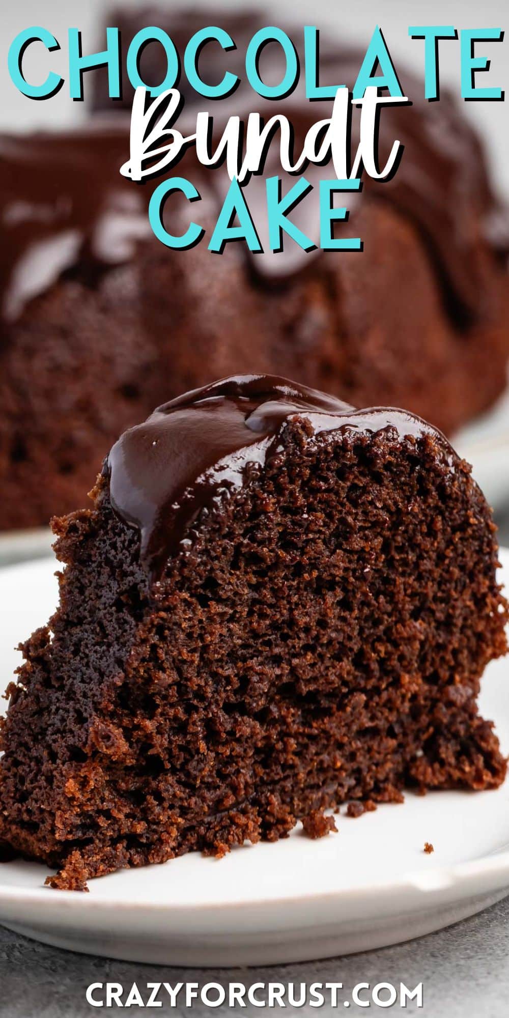 slice of chocolate cake on a white plate with a chocolate glaze on top with words on the image.