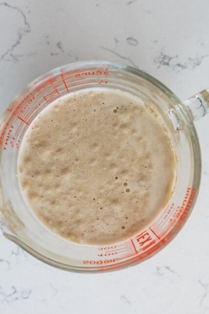 proofed yeast in measuring cup.