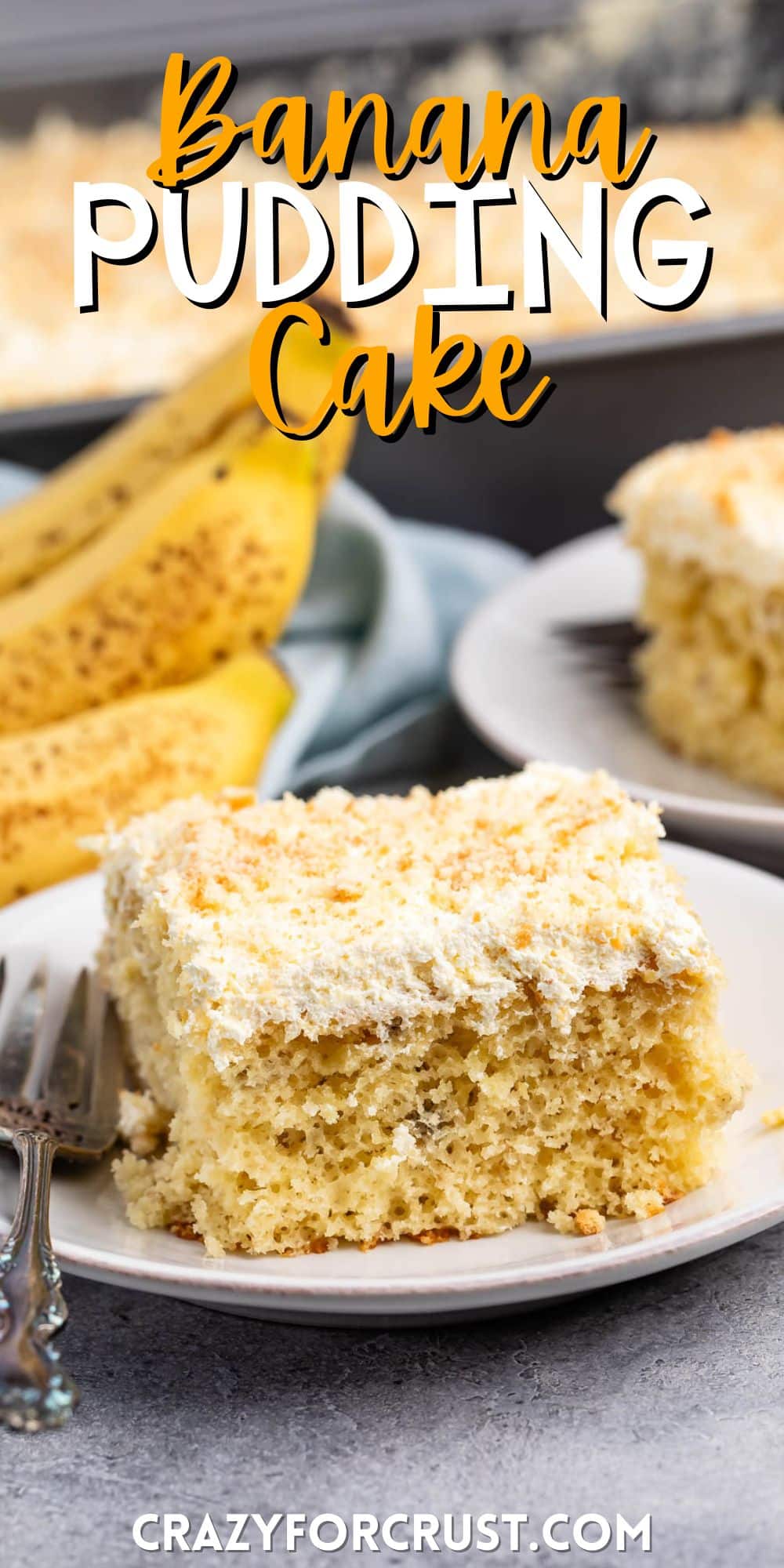 square slice of cake on a white plate next to a fork with words on the image.