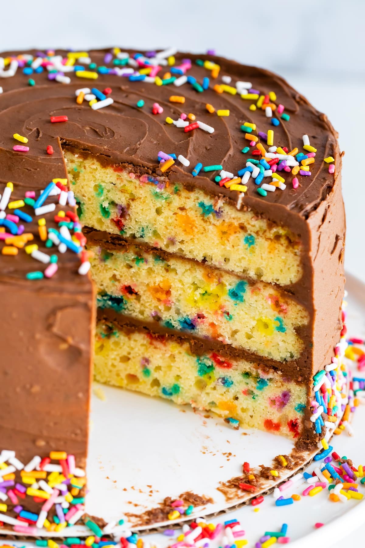 birthday cake on a white plate with chocolate frosting and sprinkles on top.