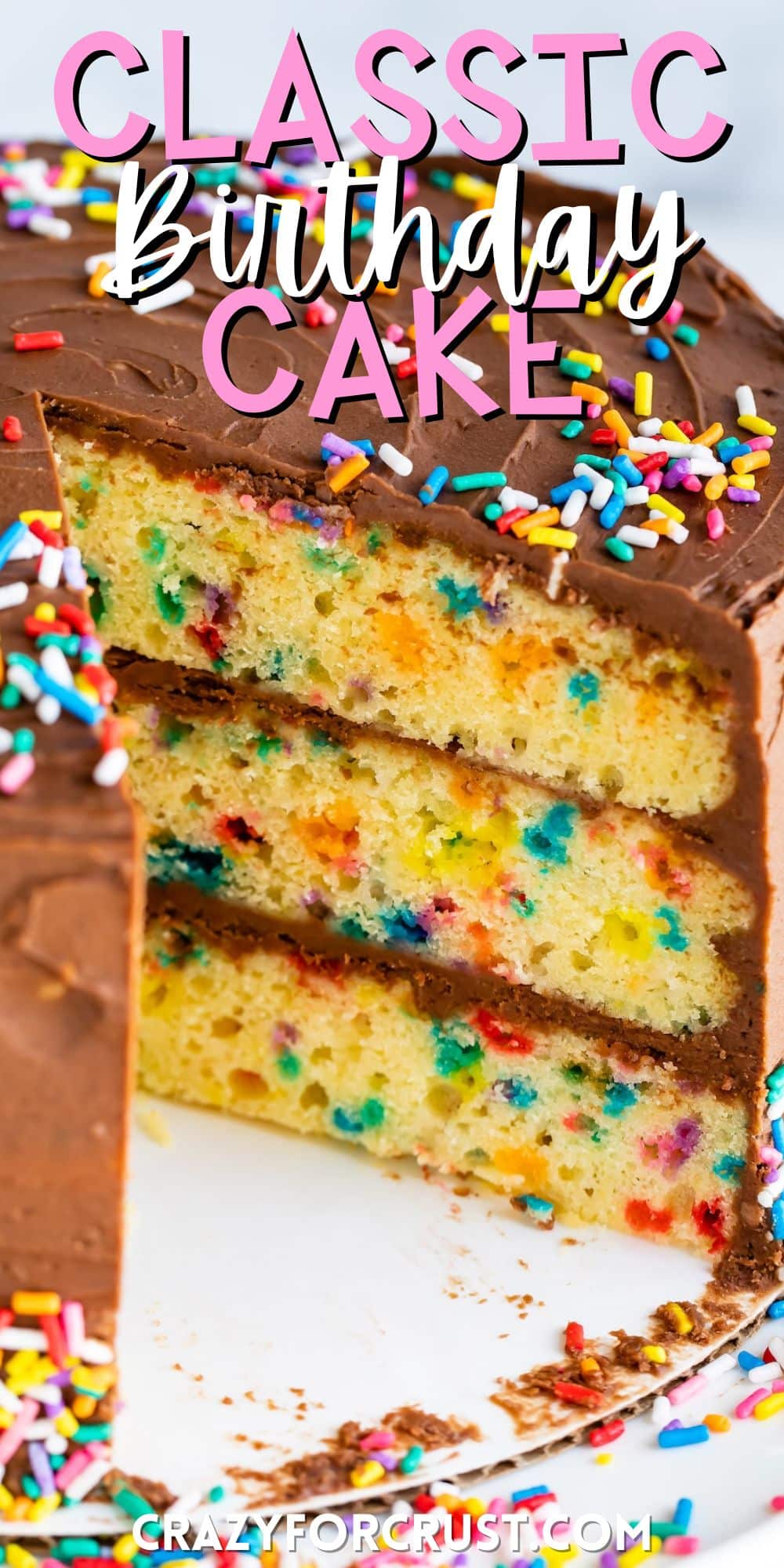 birthday cake on a white plate with chocolate frosting and sprinkles on top with words on the image.