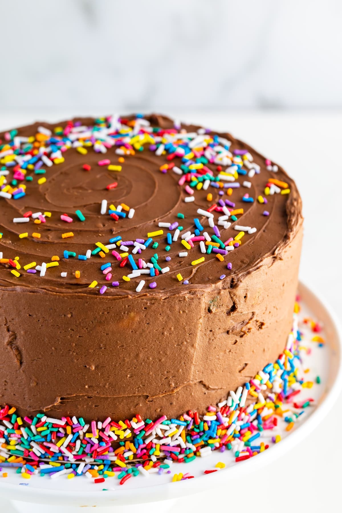 birthday cake on a white plate with chocolate frosting and sprinkles on top.