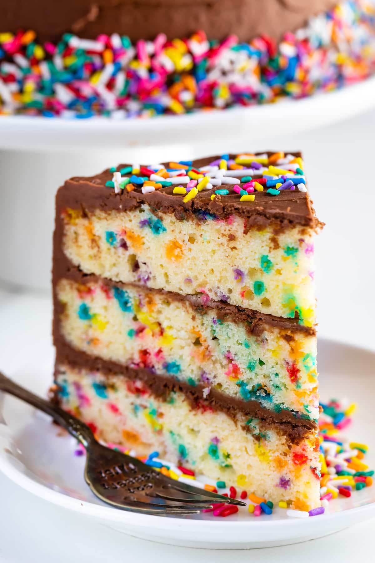 one slice of birthday cake with chocolate frosting and sprinkles on top.