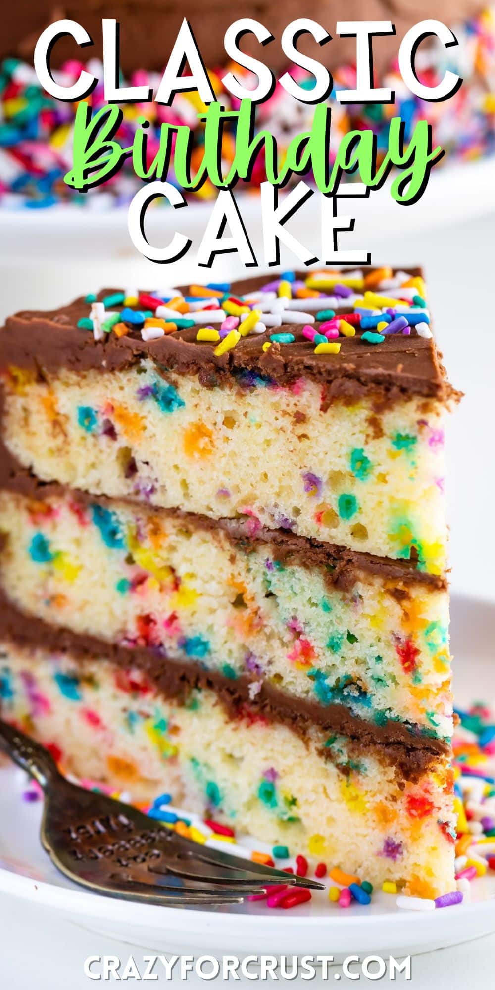 one slice of birthday cake with chocolate frosting and sprinkles on top with words on the image.