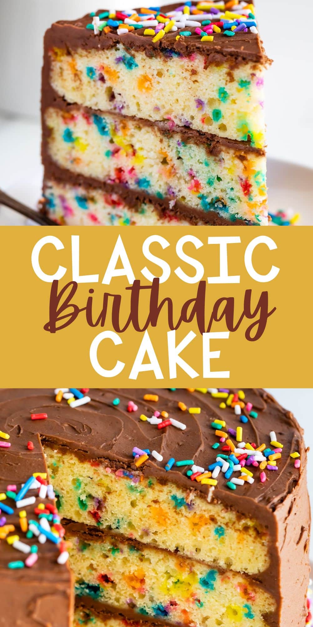 two photos of birthday cake on a white plate with chocolate frosting and sprinkles on top with words on the image.