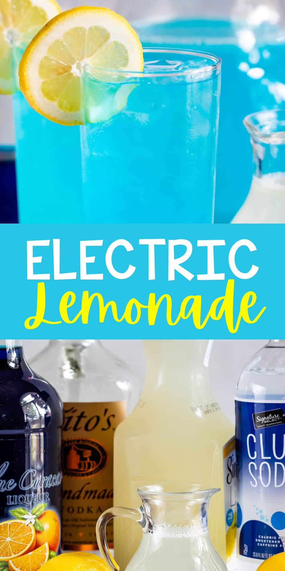 two photos of tall clear glass with a bright blue drink inside and a lemon slice on the rim and the ingredients below with words on the image.