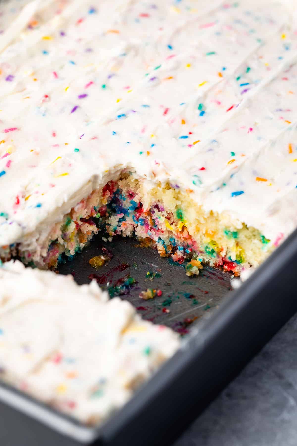 white cake with colorful sprinkles baked in and white frosting with more sprinkles mixed in on top.