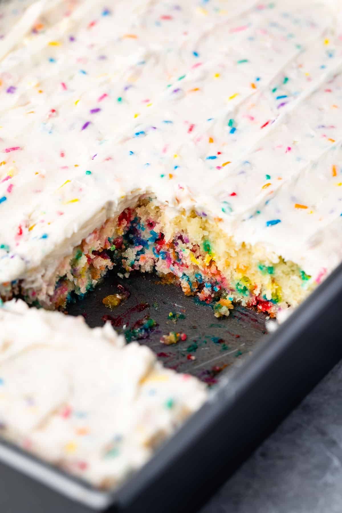 white cake with colorful sprinkles baked in and white frosting with more sprinkles mixed in on top.