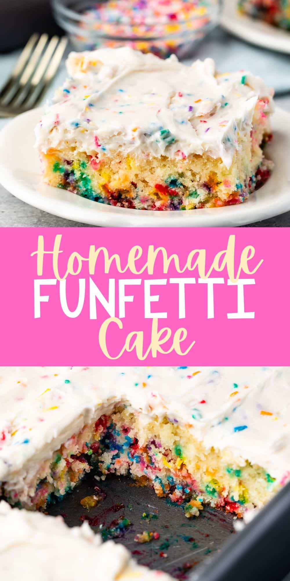 two photos of white cake with colorful sprinkles baked in and white frosting with more sprinkles mixed in on top with words on the image.