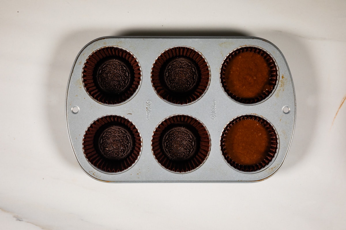 process shot of Oreo cupcakes being made.