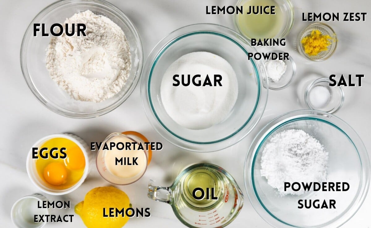 ingredients in lemon bread laid out on a marble counter.