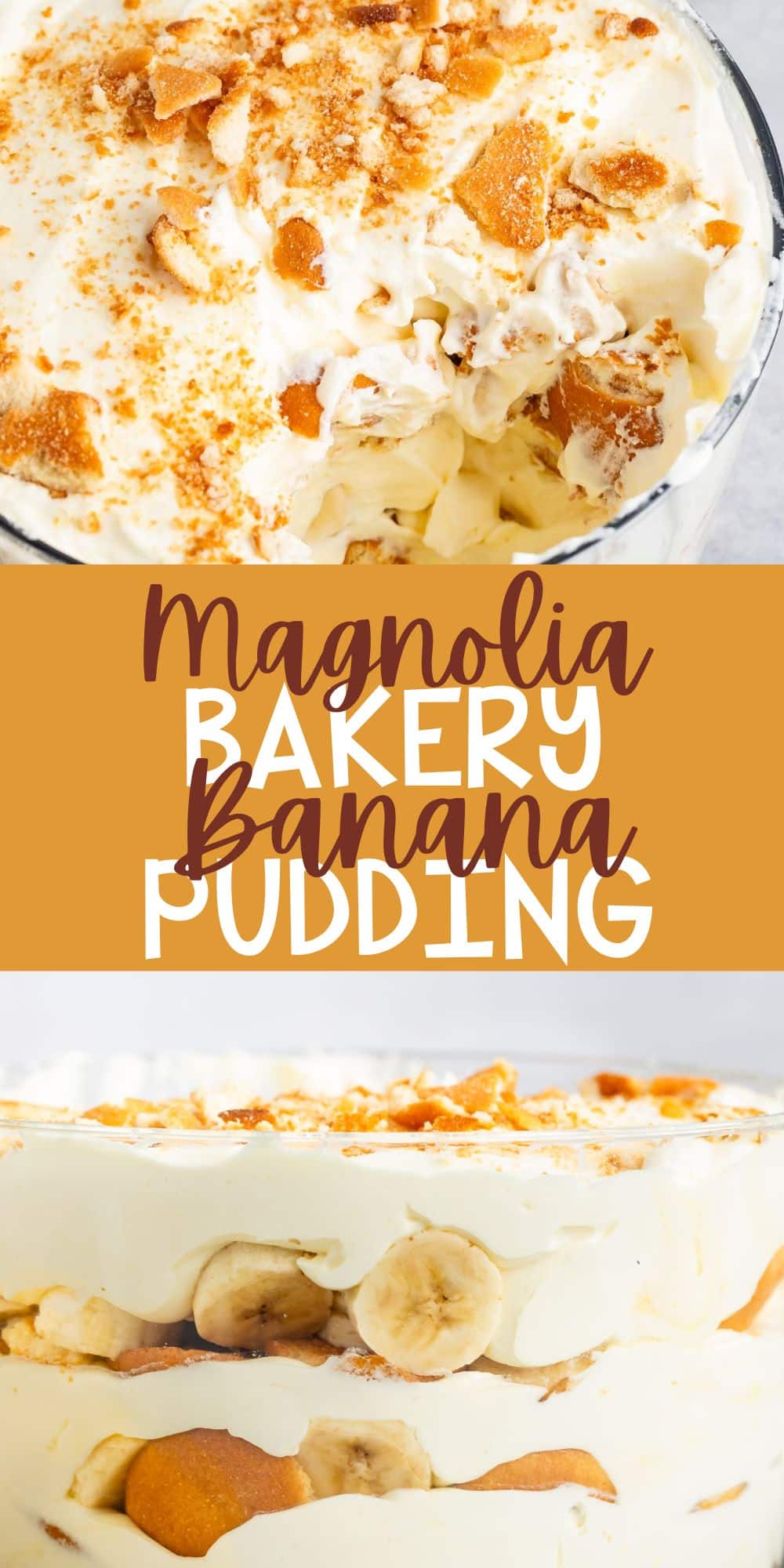 two photos of banana pudding in a clear glass tub with sliced bananas and cream inside.