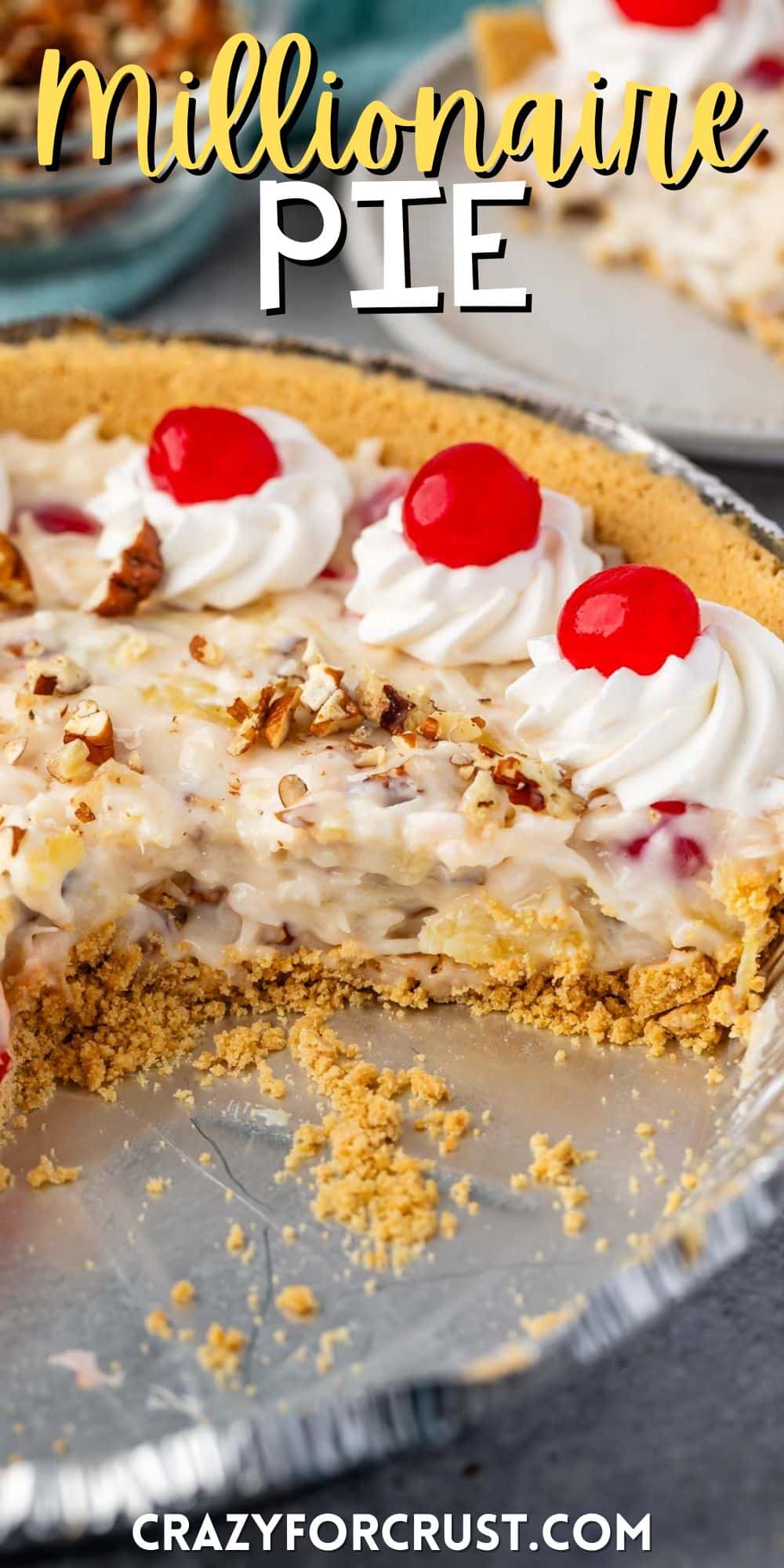 millionaire pie in a silver tin with pecans and cherries on top of the pie with words on the image.
