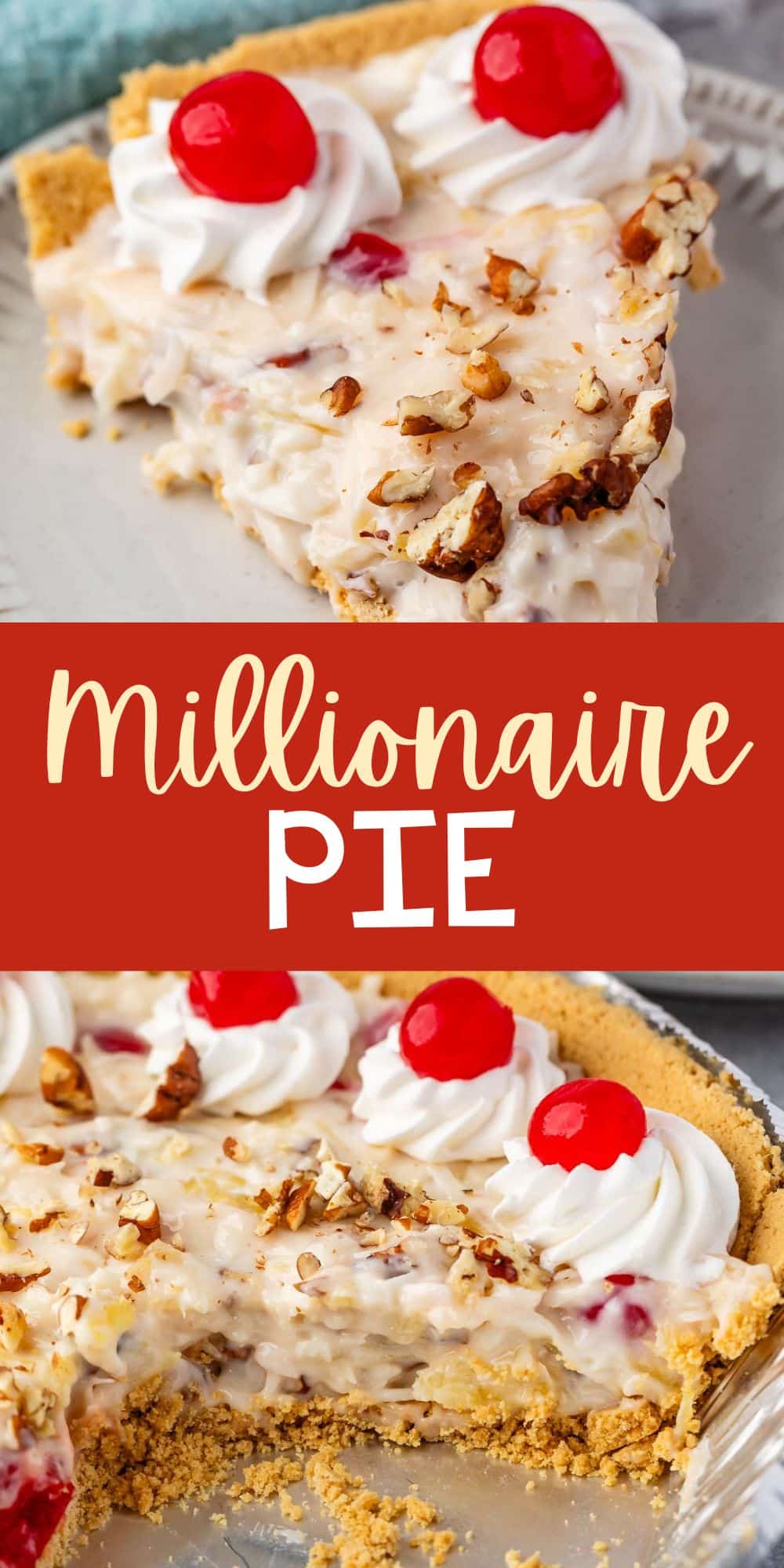 two photos of slice of millionaire pie on a grey plate with pecans and cherries on top with words on the image.
