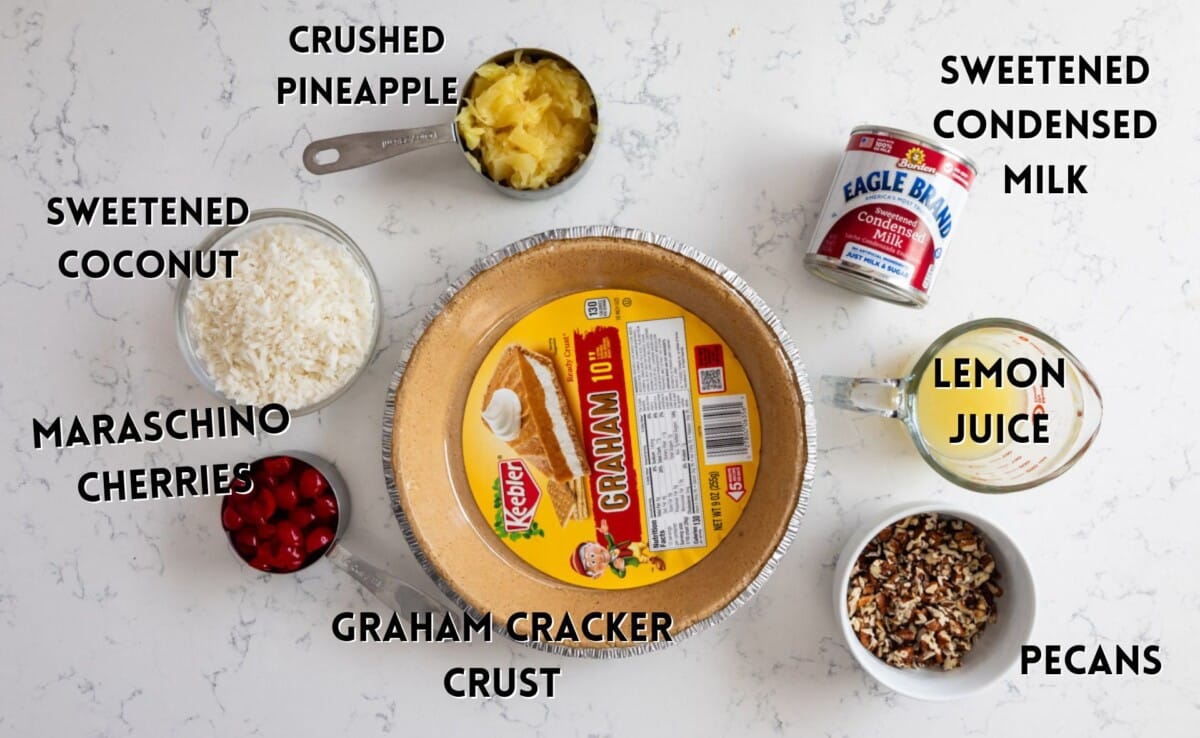 ingredients in millionaire pie laid out on a white marble counter.