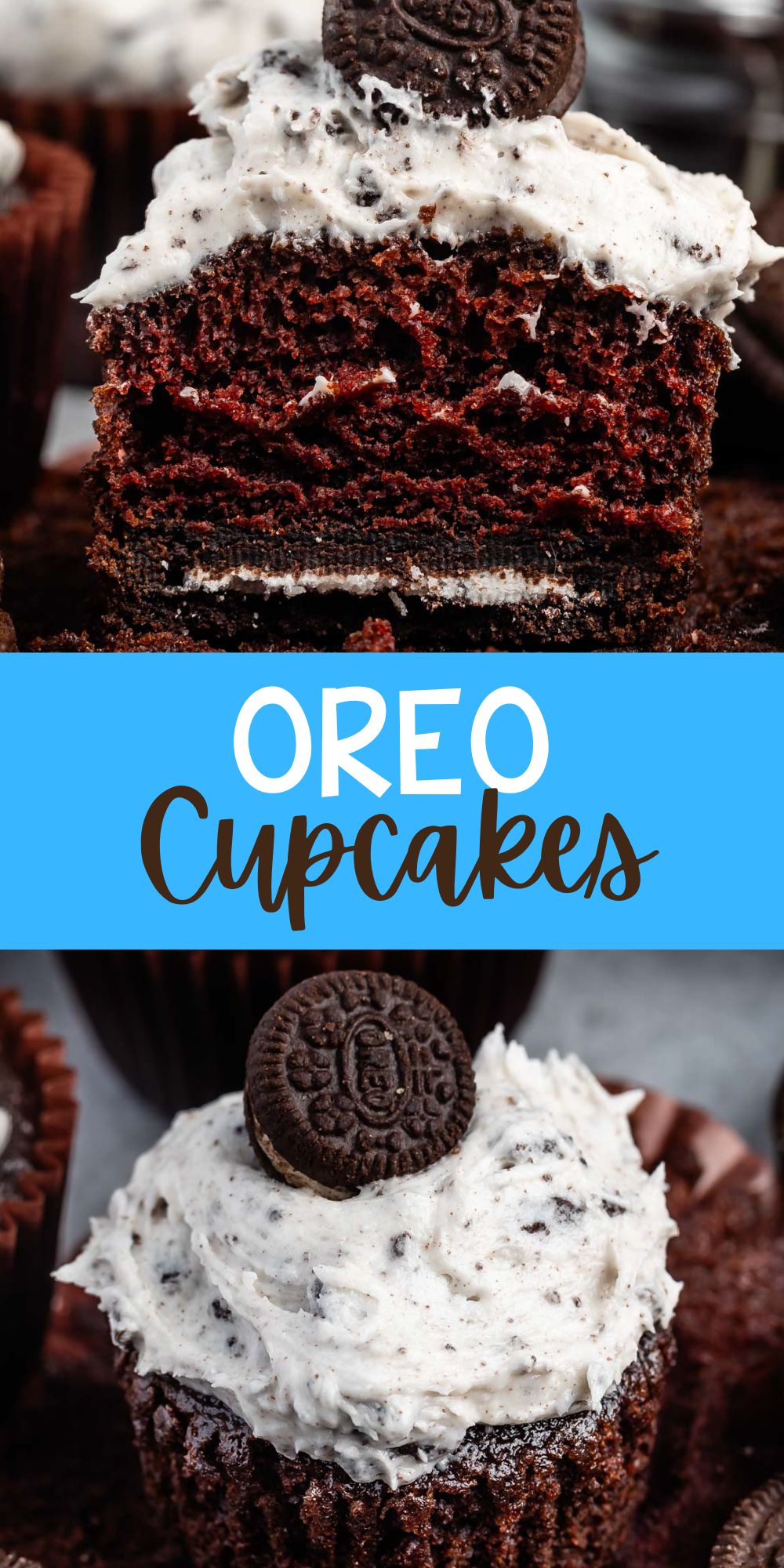 two photos of chocolate cupcake split in half with white Oreo frosting and a mini Oreo on top with words on the image.