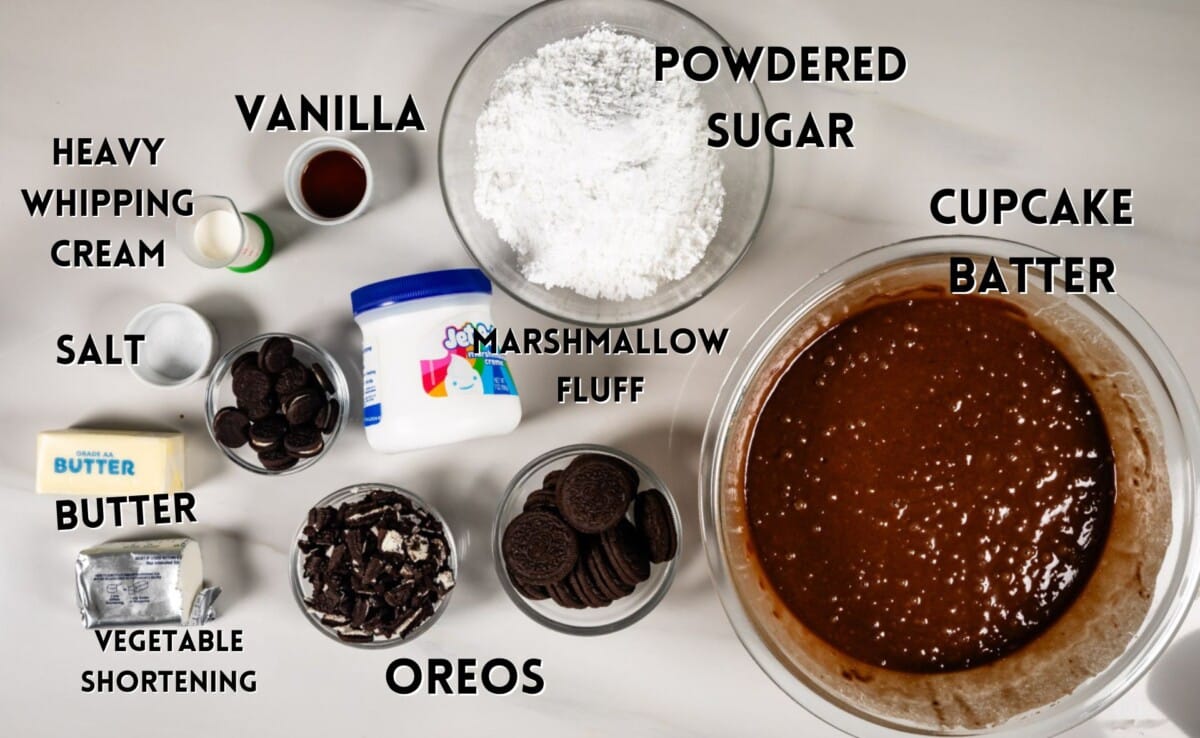 ingredients in oreo cupcakes laid out on the white marble counter.
