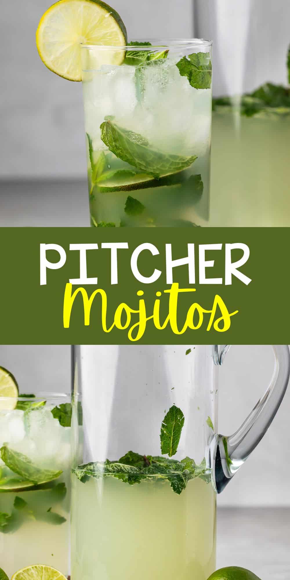 two photos of mojito in a tall clear glass with sliced limes in and around the glass with mint with words on the image.