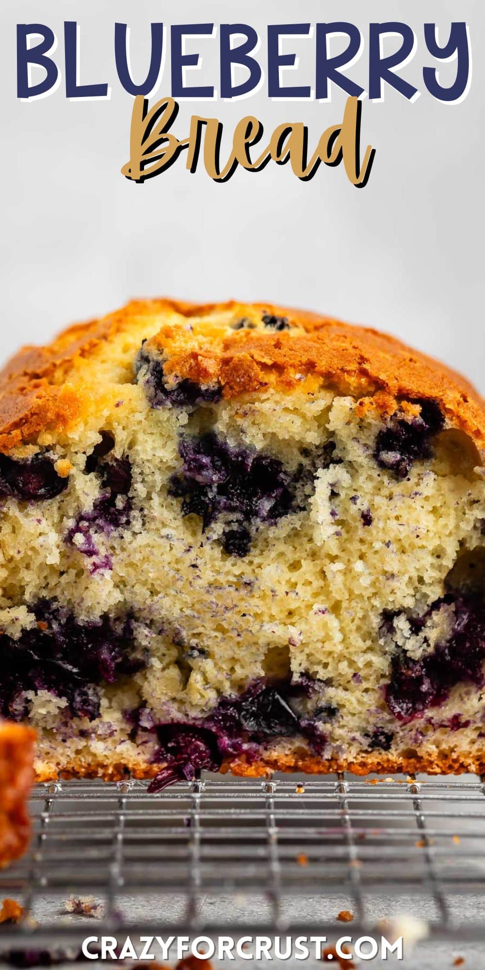 sliced bread with blueberries baked into the center with words on the image.