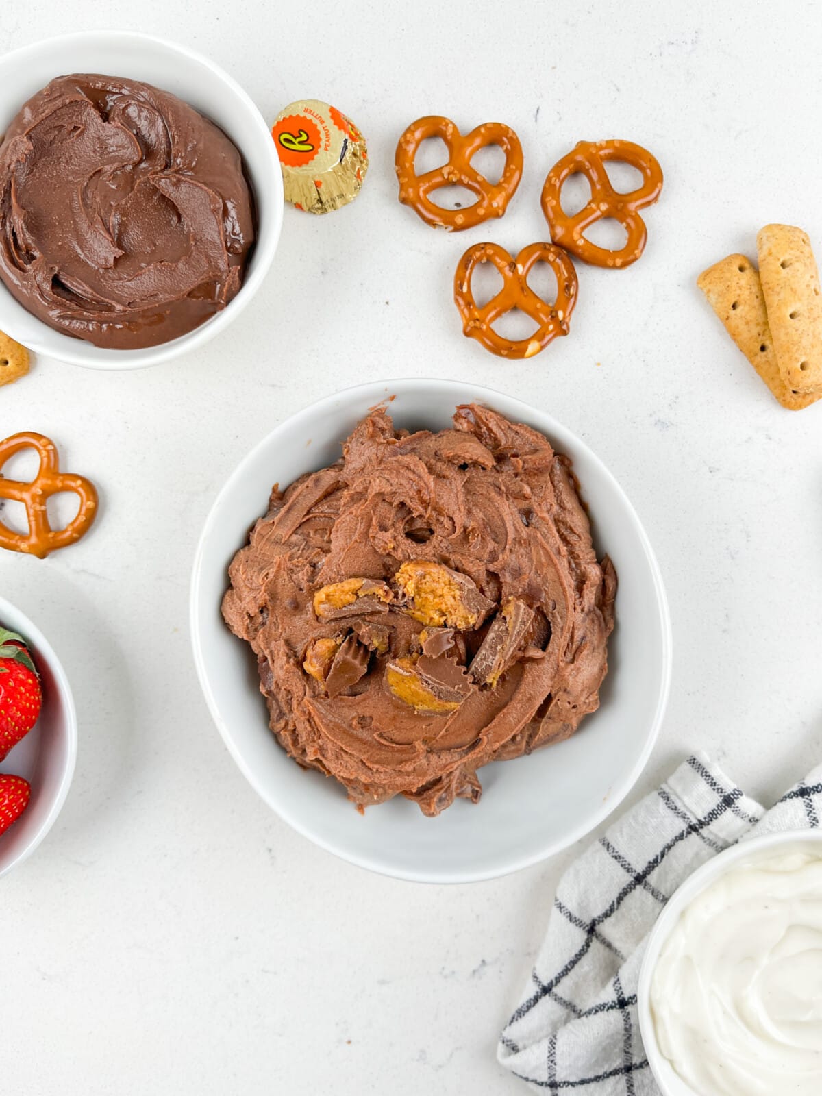 process shot of chocolate peanut butter dip being made.