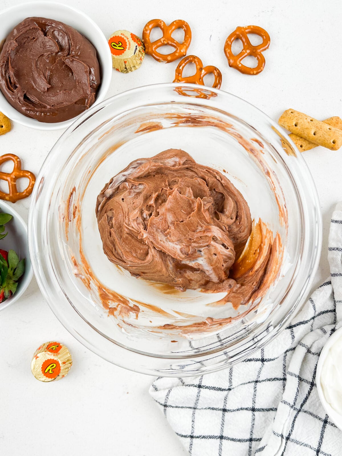 process shot of chocolate peanut butter dip being made.