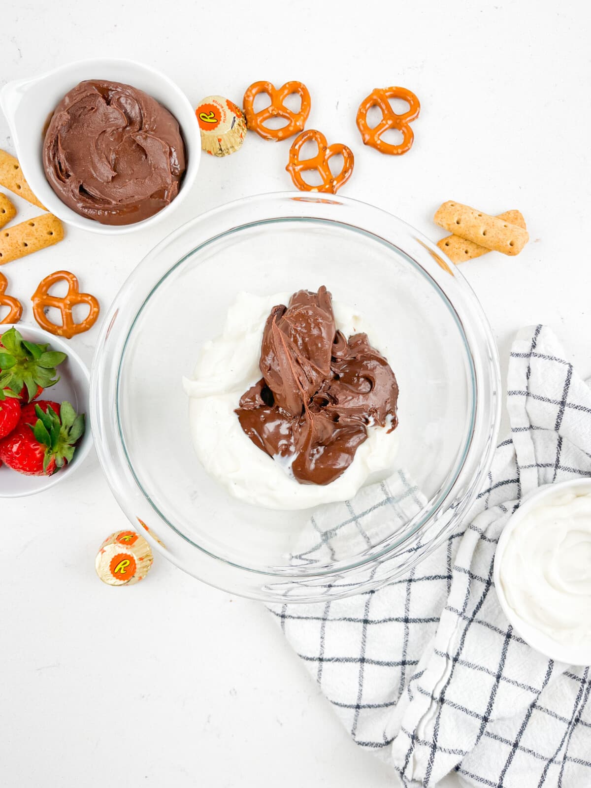 process shot of chocolate peanut butter dip being made.