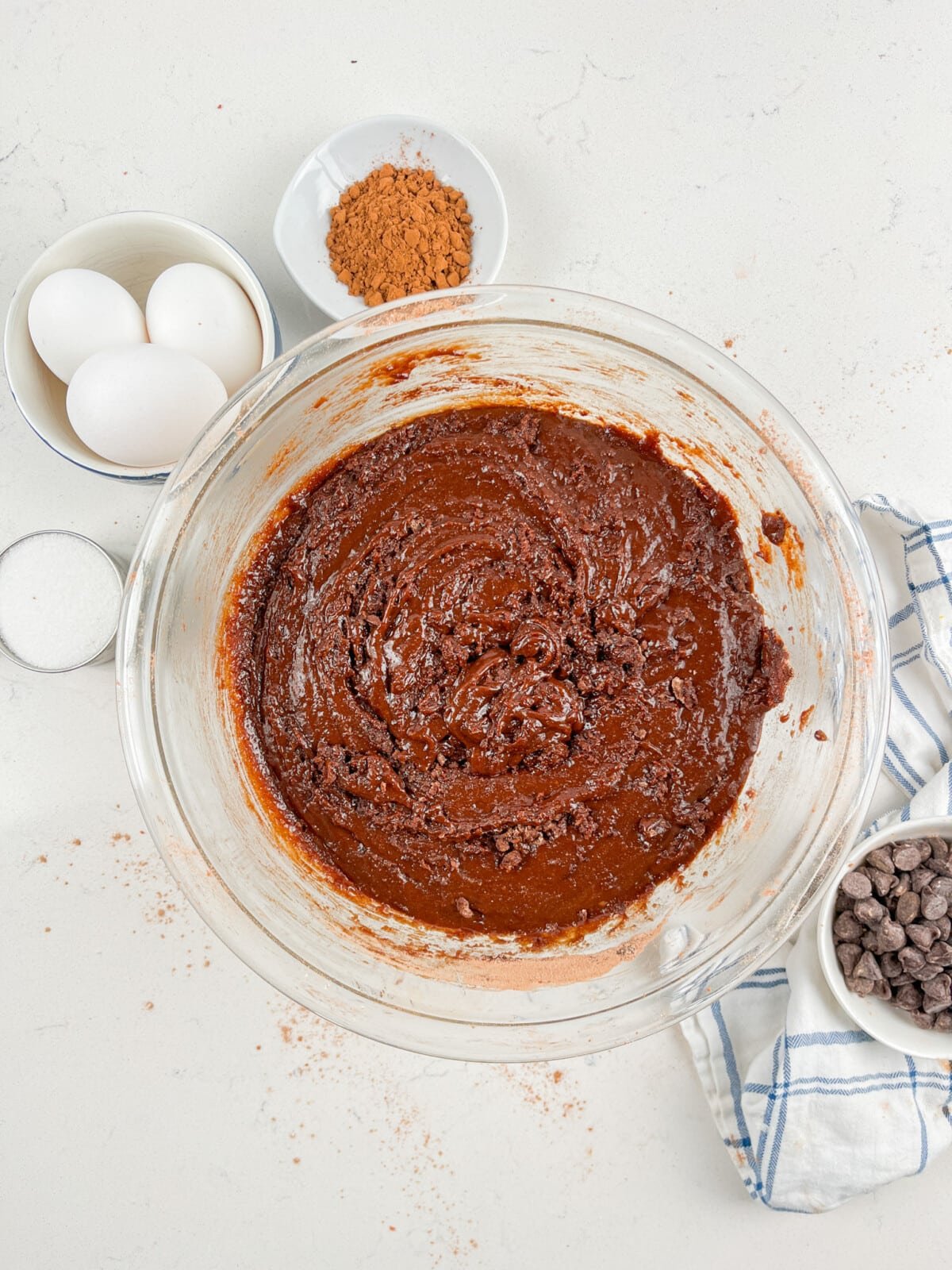 process shot of fudgy brownies being made.