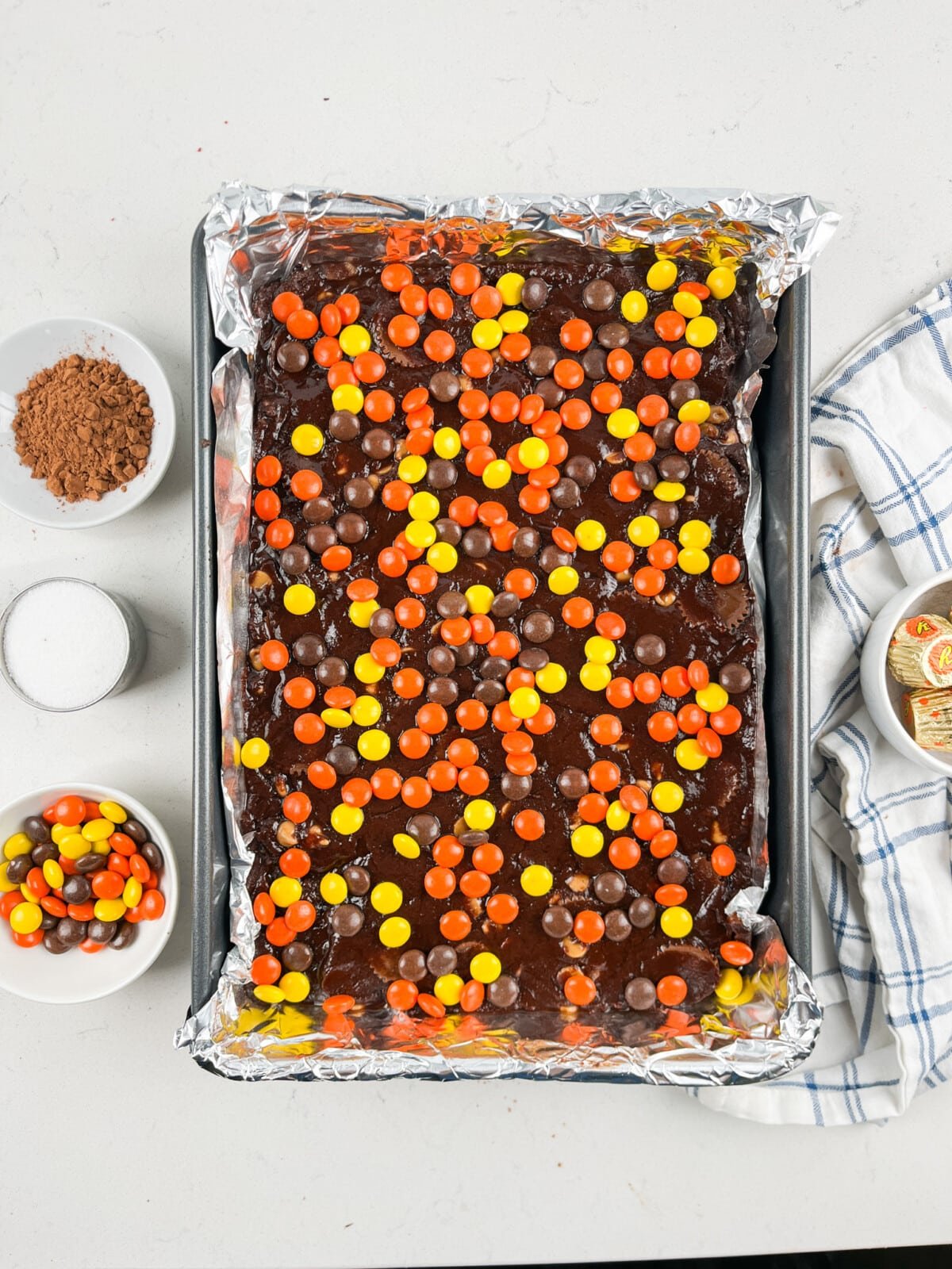 process shot of reeses brownies being made.